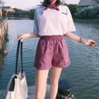 Set: Short-sleeve Lettering T-shirt + Plaid Shorts