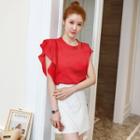 Set: Plain Ruffle Trim Short Sleeve Top + Dotted A-line Skirt