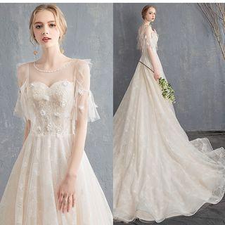 Mesh Panel Short Sleeve Wedding Gown With Dress