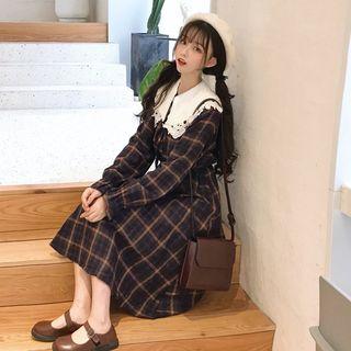 Collared Plaid Long-sleeve A-line Dress As Shown In Figure - One Size