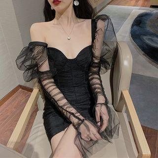 Off-shoulder Mesh-sleeve Mini Sheath Dress