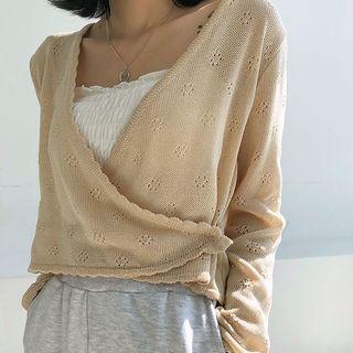 Punched-detail Cropped Wrap Cardigan