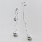 925 Sterling Silver Rhinestone Heart Faux Pearl Threader Earring