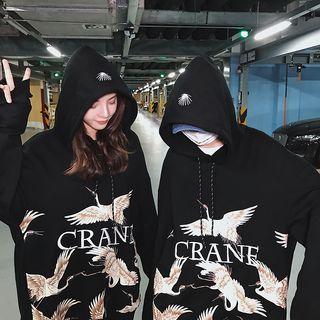 Couple Oversized Crane-embroidered Hooded Pullover