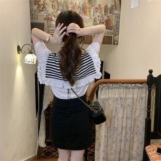 Striped Sailor Collar T-shirt White - One Size