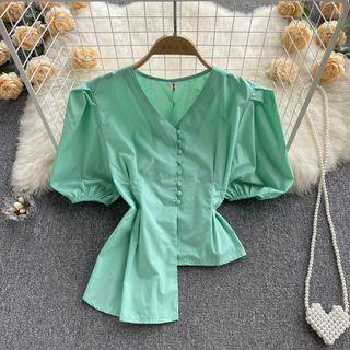 Puff-sleeve V-neck Asymmetrical Blouse