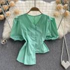 Puff-sleeve V-neck Asymmetrical Blouse