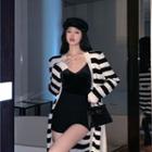 V-neck Striped Cardigan / Plain Skinny Mini Dress