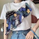 Mock Two-piece Floral Print Panel Short-sleeve T-shirt