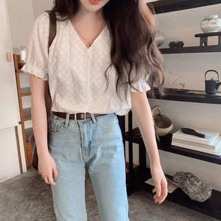 Short-sleeve Ruffle Trim V-neck Blouse
