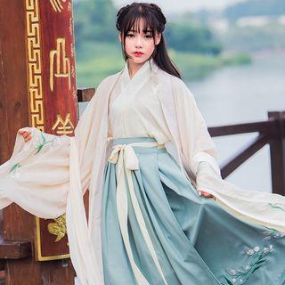 Set: Hanfu Top + Light Jacket + Maxi Skirt + Belt