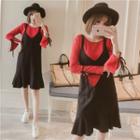 Set: Slit Long-sleeve T-shirt + Spaghetti Strap Dress