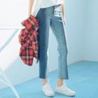 Color Panel Cropped Straight Cut Jeans