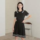 Pleated-collar Piped Knit Dress
