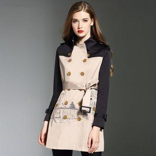 Double-breasted Color Block Printed Trench Coat With Sash