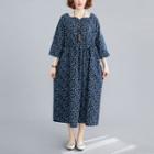 3/4-sleeve Flower Print Midi A-line Dress Flower - Blue & Dark Blue - One Size