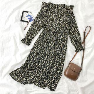 Floral Print Long-sleeve Midi A-line Dress As Shown In Figure - One Size