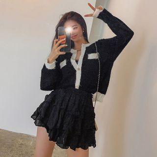 Dual-pocket Contrast-trim Fluffy Cardigan