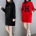 Mock Two-piece Turtleneck Lettering Mini Pullover Dress