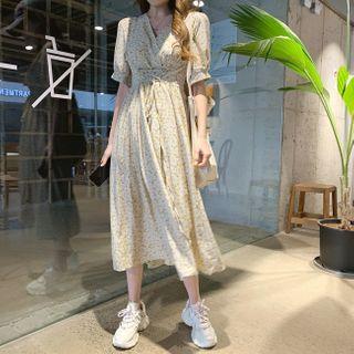 Laced-up Front Floral Print Dress Yellow - One Size
