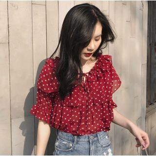 Dotted Ruffle Elbow-sleeve Chiffon Blouse