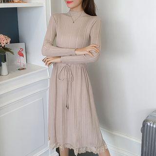 Long-sleeve Mock Neck Midi A-line Knit Dress