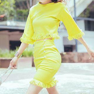 Set: 3/4-sleeve Fringe Trim Top + Skirt