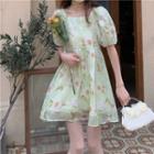 Puff-sleeve Floral Mini A-line Dress Light Green - One Size