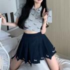 Short-sleeve Collar Dog Print Cropped T-shirt / Mini Pleated Skirt