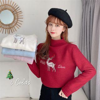 Mock-turtleneck Christmas Print Embroidered Top