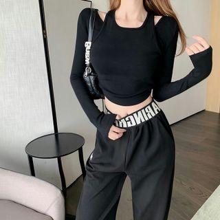 Mock Two-piece Long-sleeve Cropped T-shirt / Lettering Sweatpants