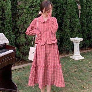 Plaid Button Jacket / Midi A-line Plaid Skirt