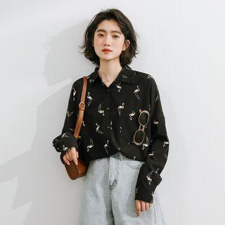 Long-sleeve Print Chiffon Shirt Black - One Size