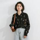 Long-sleeve Print Chiffon Shirt Black - One Size