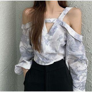 Long-sleeve Tie Dye Cold-shoulder Top