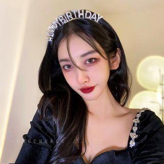 Birthday Lettering Rhinestone Alloy Headband Silver - One Size