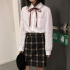 Tie-neck Blouse / Plaid A-line Mini Skirt / Pleated Midi Skirt