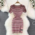 Short Sleeve Stripe Slit Mini Dress