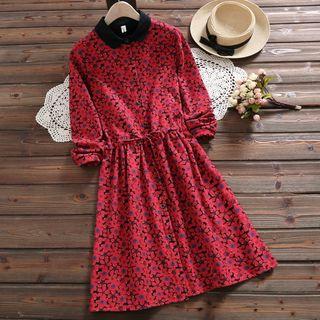 Contrast Color Collar Floral Long-sleeve A-line Dress