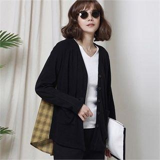 Shirred Plaid Panel Wool Blend Cardigan
