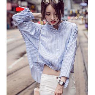 Striped 3/4 Sleeve Collarless Shirt