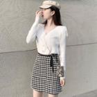 Long-sleeve Buttoned Knit Top / Houndstooth Mini A-line Skirt