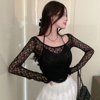 Set: Halter-neck Top + Long-sleeve Lace Top