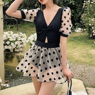 Set: Puff-sleeve Twisted Swimsuit + Mesh Swim Skirt