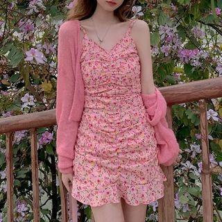 Spaghetti Strap Flower Print Mini Sheath Dress / Cropped Cardigan / Set