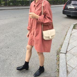 Plain Long-sleeve Mini Shirtdress Dark Pink - One Size