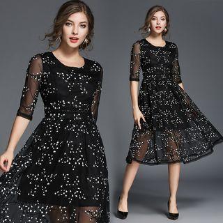 Floral Embroidered Elbow-sleeve A-line Midi Dress
