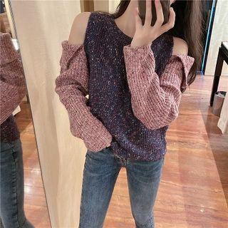 Color-block Crewneck Off-shoulder Knit Top As Shown In Figure - One Size