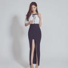 Set: Lace Panel Chiffon Blouse + Slit Maxi Skirt