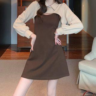 Set: Long-sleeve Plain Cropped Top + Plain Spaghetti-strap Mini Dress